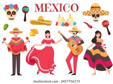Set of mexico elements, skeleton characters, animals in flat hand drawn style. Mexican symbols, icons and illustrations.