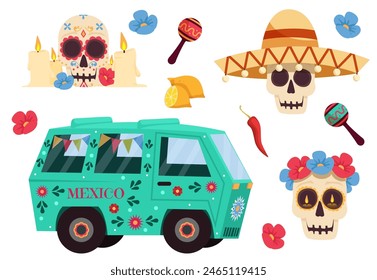 Set of mexico elements, skeleton characters, animals in flat hand drawn style. Mexican symbols, icons and illustrations.