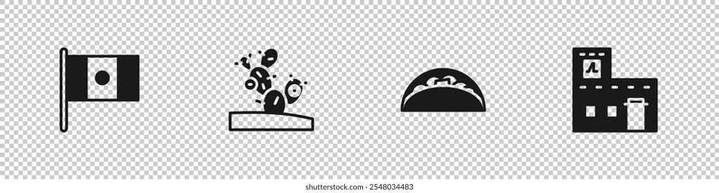 Set Mexico flag, Cactus, Taco with tortilla and Mexican house icon. Vector