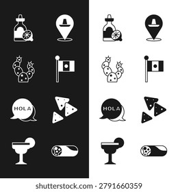 Set Mexico flag, Cactus, Tequila bottle with lemon, Mexican sombrero, Hola, Nachos, Burrito and Margarita cocktail icon. Vector