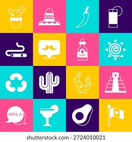 Definir a bandeira do México, Chichen Itza em Mayan, Sol, Chilli pimenta pod quente, Mustache, Cigar, Cactus ou pote suculento e ícone garrafa de Tequila. Vetor
