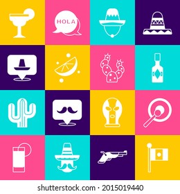 Set Mexico flag, Gong, Tabasco sauce, Mexican sombrero, Sliced lime, Margarita cocktail and Cactus icon. Vector