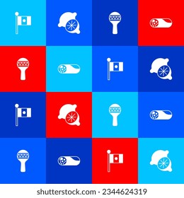 Set Mexico flag, Lime, Maracas and Burrito icon. Vector