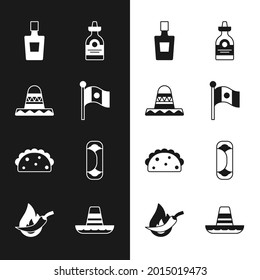 Set Mexico flag, Mexican sombrero, Tequila bottle, Taco with tortilla, Burrito,  and Hot chili pepper pod icon. Vector