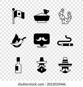Set Mexico flag, Nachos in bowl, Cactus, Tabasco sauce, Mexican man sombrero, Hot chili pepper pod and Mustache icon. Vector