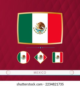 Set of Mexico flags with gold frame for use at sporting events on a burgundy abstract background. Vector collection of flags.