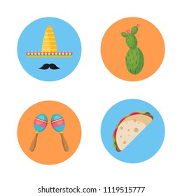 Set of Mexico icons in flat style isolated on blue and yellow background. Collection of Cactus, Sombrero, 
Mustache, Taco and Maracas vector illustration.