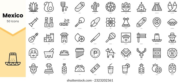 Set of mexico Icons. Simple line art style icons pack. Vector illustration