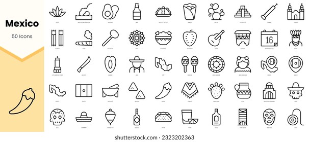 Set of mexico Icons. Simple line art style icons pack. Vector illustration