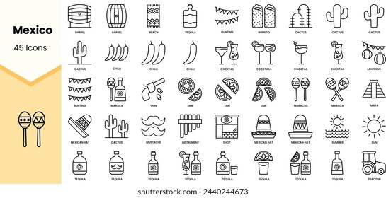 Set of mexico icons. Simple line art style icons pack. Vector illustration