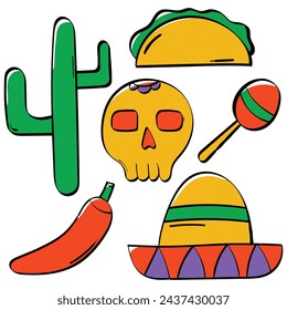 set of mexico icons. taco, chili, skull, sombrero. simple colorful hand drawn cute flat vector illustrations