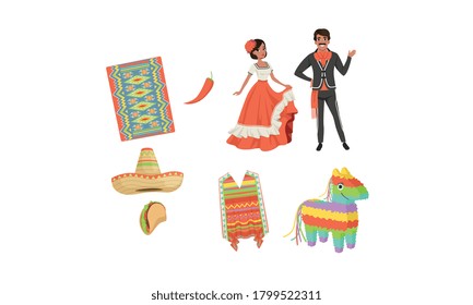 Set of Mexico Latin America Symbols, Hispanic Man and Woman in Traditional Costumes, Cinco de Mayo Design Elements Cartoon Style Vector Illustration