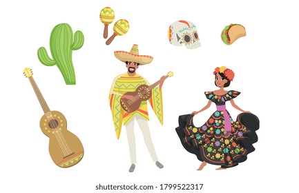 Set of Mexico Latin America Symbols, Hispanic Man and Woman in Traditional Costumes, Mexican Musicians with Guitar Cartoon Style Vector Illustration