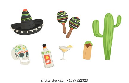 Set of Mexico Latin America Symbols, Cinco de Mayo Design Elements Cartoon Style Vector Illustration