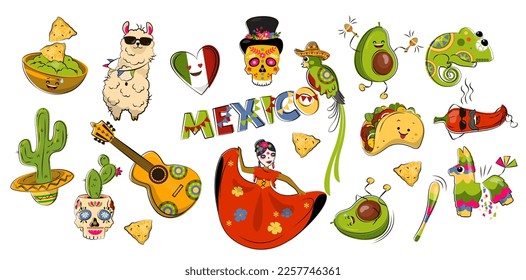 

Set Mexico objects animals and plants. Seth Mexico symbols. Isolate, clipart. Objects and animals in doodle style. Vector illustration in doodle style.