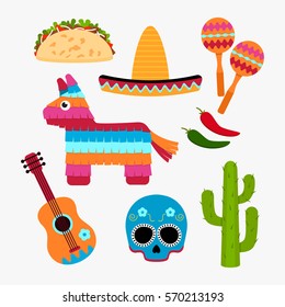 Set of Mexico symbol in a cartoon style. Icons for the web. flat vector illustration isolate on a white background