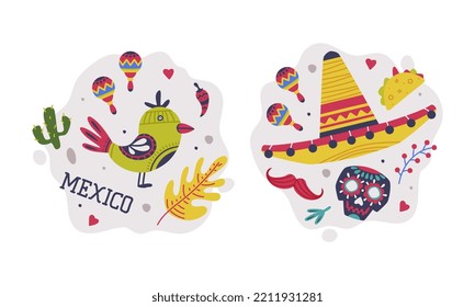 Set of Mexico symbols. Sombrero hat, sugar skull, bird. Cinco De Mayo holiday signs cartoon vector illustratio