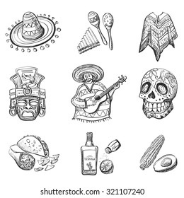 Set of Mexico vector illustrations, such as guitar, sombrero, tequila, taco, skull, rum, aztec mask, music instruments.