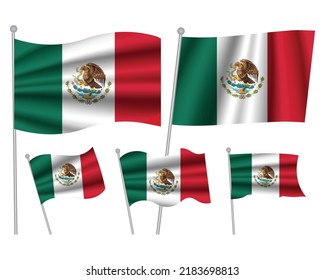 Juego de bandera de México ondeando en ilustración aislada del vector de fondo. 5 Bandera realista ondeada en México como símbolo de patriotismo
