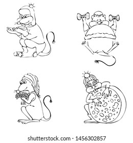 Set of mice dedicated to 4 seasons - winter, spring, summer and autumn. Animal symbol of Chinese New Year 2020. Monochrome sketch, hand drawing. Black outline on white background. Vector illustration