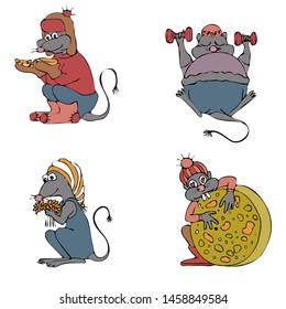 Set of mice dedicated to 4 seasons - winter, spring, summer and autumn. Animal symbol of Chinese New Year 2020. Colorful sketch, hand drawing. Trend colors 2019-2020. Vector illustration