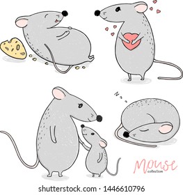 Set with mice. Funny mouse with heart, sleeping, with cheese and cute mummy with baby. Colorful vector illustration on white background. Hand-drawn.