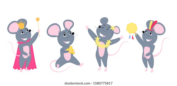 A set of mice. Little mouse with cheese. Rats cartoon characters