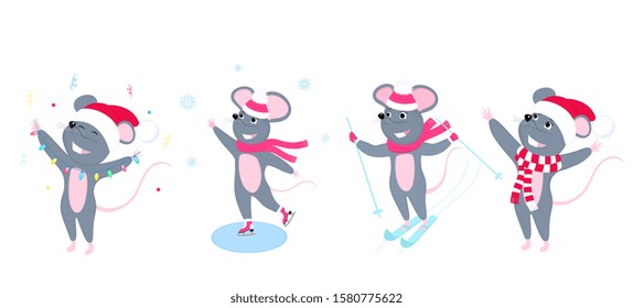 A set of mice. Little mouse. Rats. Winter fun. Skiing, ice skating.