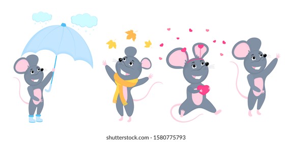A set of mice. Little mouse. Rats with umbrella, in a scarf, with a heart-shaped gift for Valentine's Day