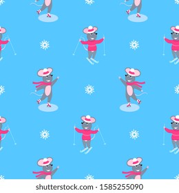 A set of mice. Little mouse. Rats. Winter fun. Skiing, ice skating. Symbol of Chinese New Year 2020. Christmas seamless pattern