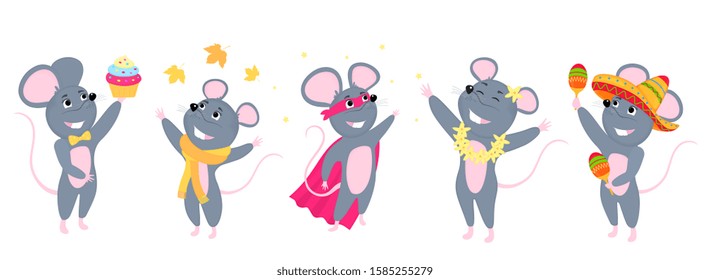 A set of mice. Little mouse. Rats in sombrero with maracas, in a scarf. Superhero