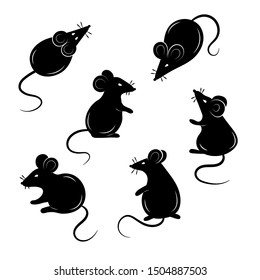 Set of mice on a white background. Collection of mouse silhouettes. Vector illustration.