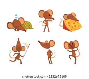 Set of mice in various activities. Funny curios brown rodent animal character cartoon vector illustration