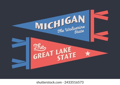 Set of Michigan pennants. Vintage retro graphic flag, pennant, star, sign, symbols of USA. The Great Lake State.