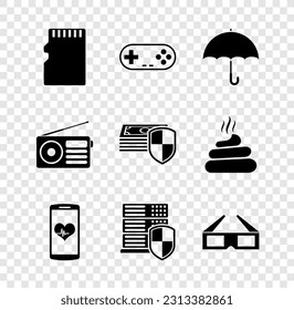 Set Micro SD memory card, Gamepad, Umbrella, Smartphone with heart rate, Server shield and 3D cinema glasses icon. Vector