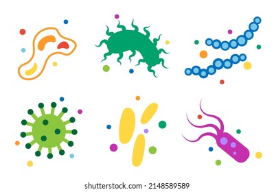 Set of microbes. Collection of cartoon viruses. Vector illustration of microorganisms. Color drawing of a set of bacteria. Monsters collection. Funny monster, cartoon character.