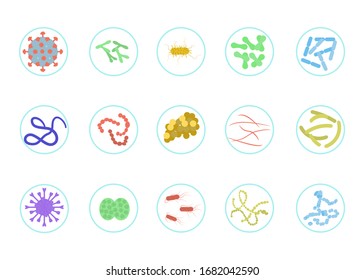Set of microbes and viruses including coronavirus, flu and ebola. Pathogenic and gut microbiota in petri dishes. Flat Art Vector Illustration