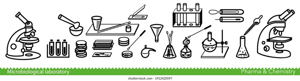 Set of microbiological lab icons. Miscellaneous laboratory devices and equipment. Vector Illustration