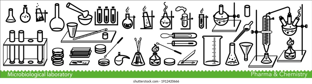 Set of microbiological lab icons. Miscellaneous laboratory devices and equipment. Vector Illustration