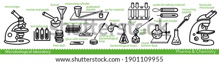Set of microbiological lab icons. Miscellaneous laboratory devices and equipment. Vector Illustration