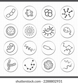 Set of microbiology bacteria icons. Microbes, microorganisms and virus cells pictograms 