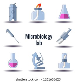 Set of microbiology lab equipment. Microscope, pipette, test tubes, spirit lamp, bioreactor. Flat vector set. Isolated on white.