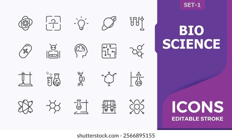 Set of Microbiology line icons. Related to analysis, technology, medical, biology, scientist, research, biotech. Minimalist editable vector icon and illustration.