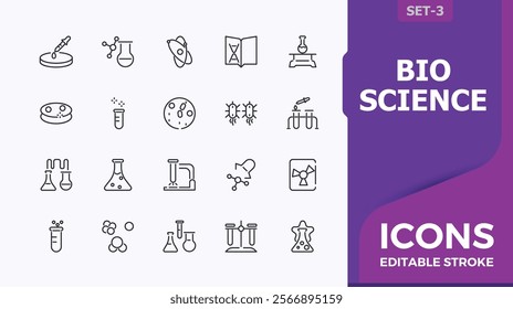 Set of Microbiology line icons. Related to analysis, technology, medical, biology, scientist, research, biotech. Minimalist editable vector icon and illustration.