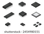 Set of microchip computer electronic components. Microchip icon. Computer processor technology. Micro processor. Collection of microchips