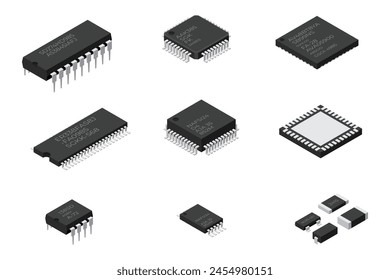 Set of microchip computer electronic components. Microchip icon. Computer processor technology. Micro processor. Collection of microchips