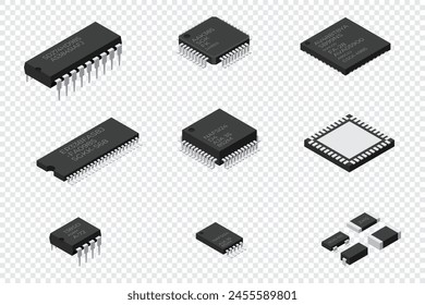 Set of microchip computer electronic components. Microchip icon. Computer processor technology. Micro processor. Collection of microchips