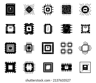 Set of microchip icons. Black silhouette microprocessor chip. Linear cpu processor disign. 