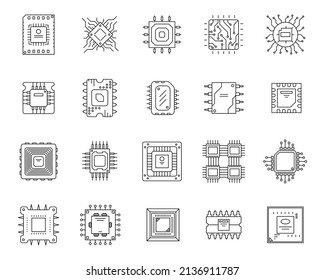 Set of microchip icons. Black thin line microprocessor chip. Linear cpu processor disign. 