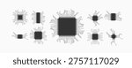 Set of microchip icons with circuit lines on a light background, representing cpu, microchip, electronics, hardware design, and modern computing technology.
